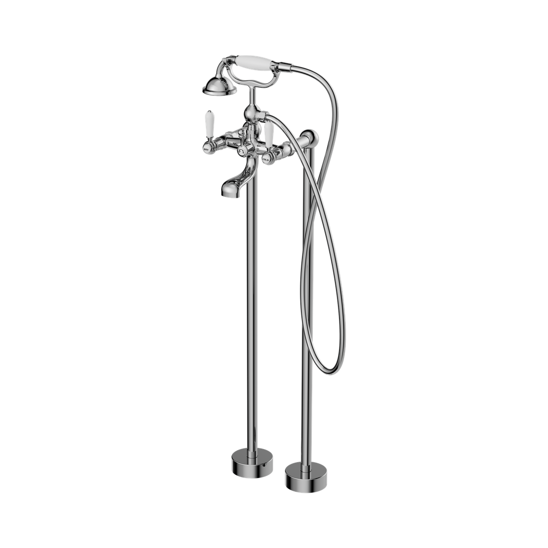 Nero York Freestanding Bath Set With White Porcelain Hand Shower - Chrome
