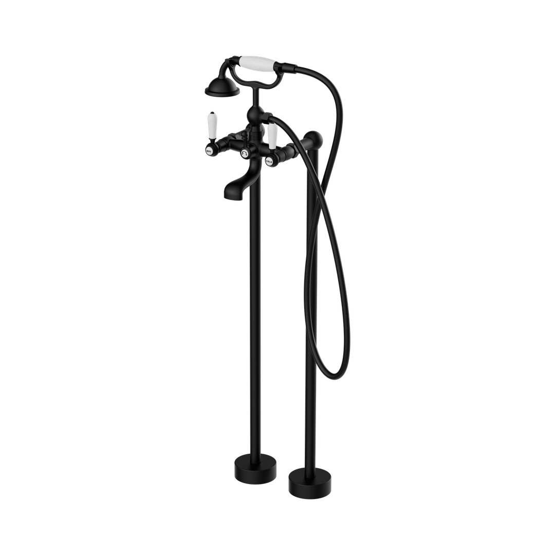 Nero York Freestanding Bath Set With White Porcelain Hand Shower - Matte Black