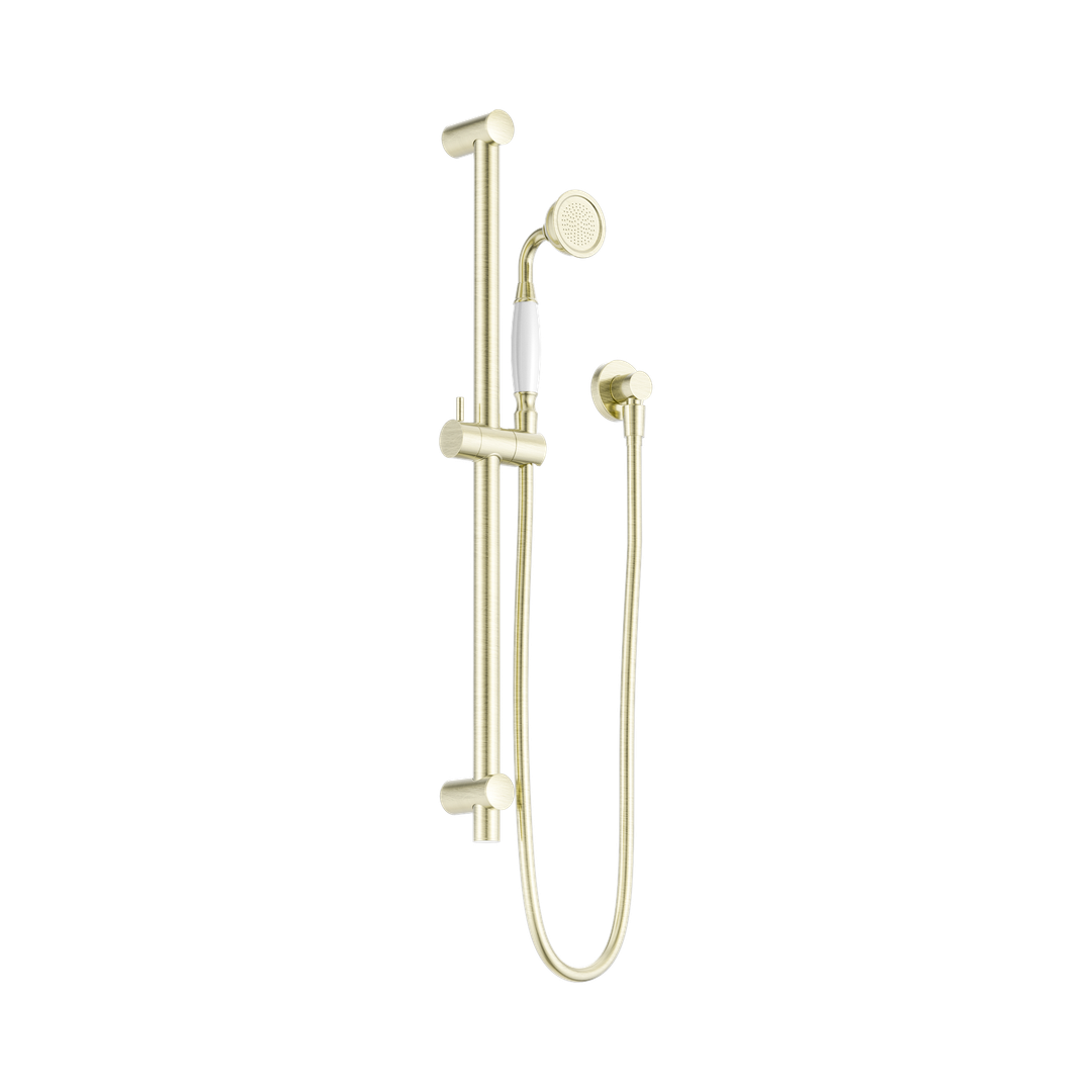 Nero York Shower Rail With White Porcelain Hand Shower - Aged Brass
