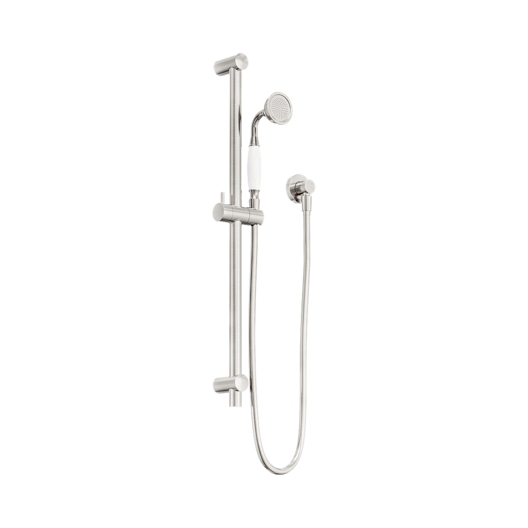 Nero York Shower Rail With White Porcelain Hand Shower - Brushed Nickel