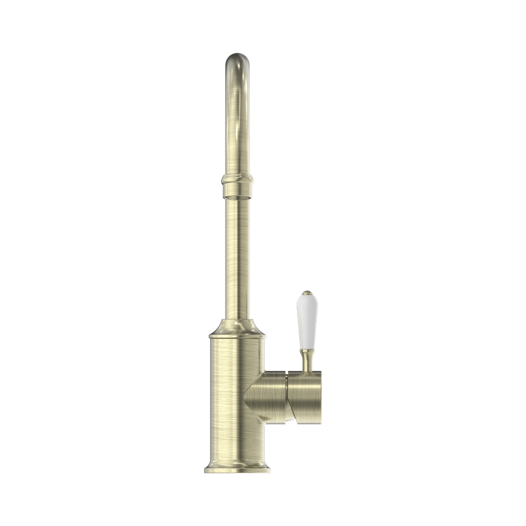 York Kitchen Nero Mixer Gooseneck Spout With White Porcelain Lever - Aged Brass