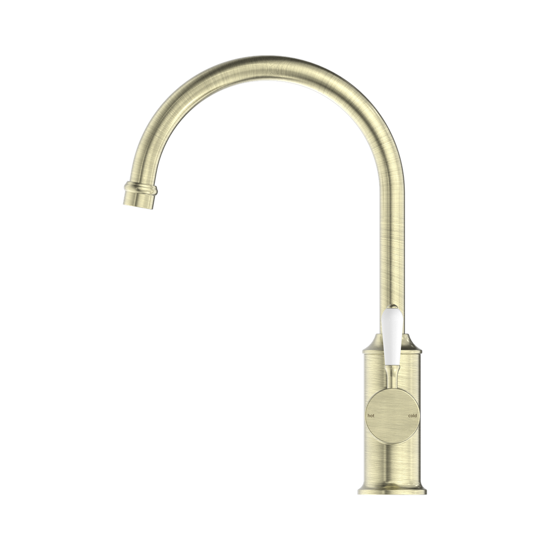 York Kitchen Nero Mixer Gooseneck Spout With White Porcelain Lever - Aged Brass