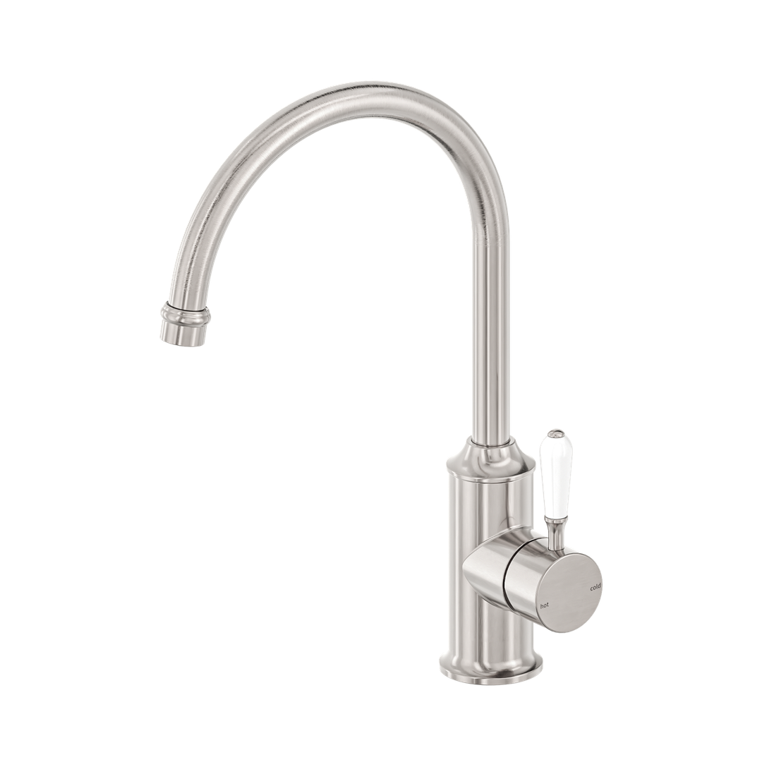 York Kitchen Nero Mixer Gooseneck Spout With White Porcelain Lever - Brushed Nickel
