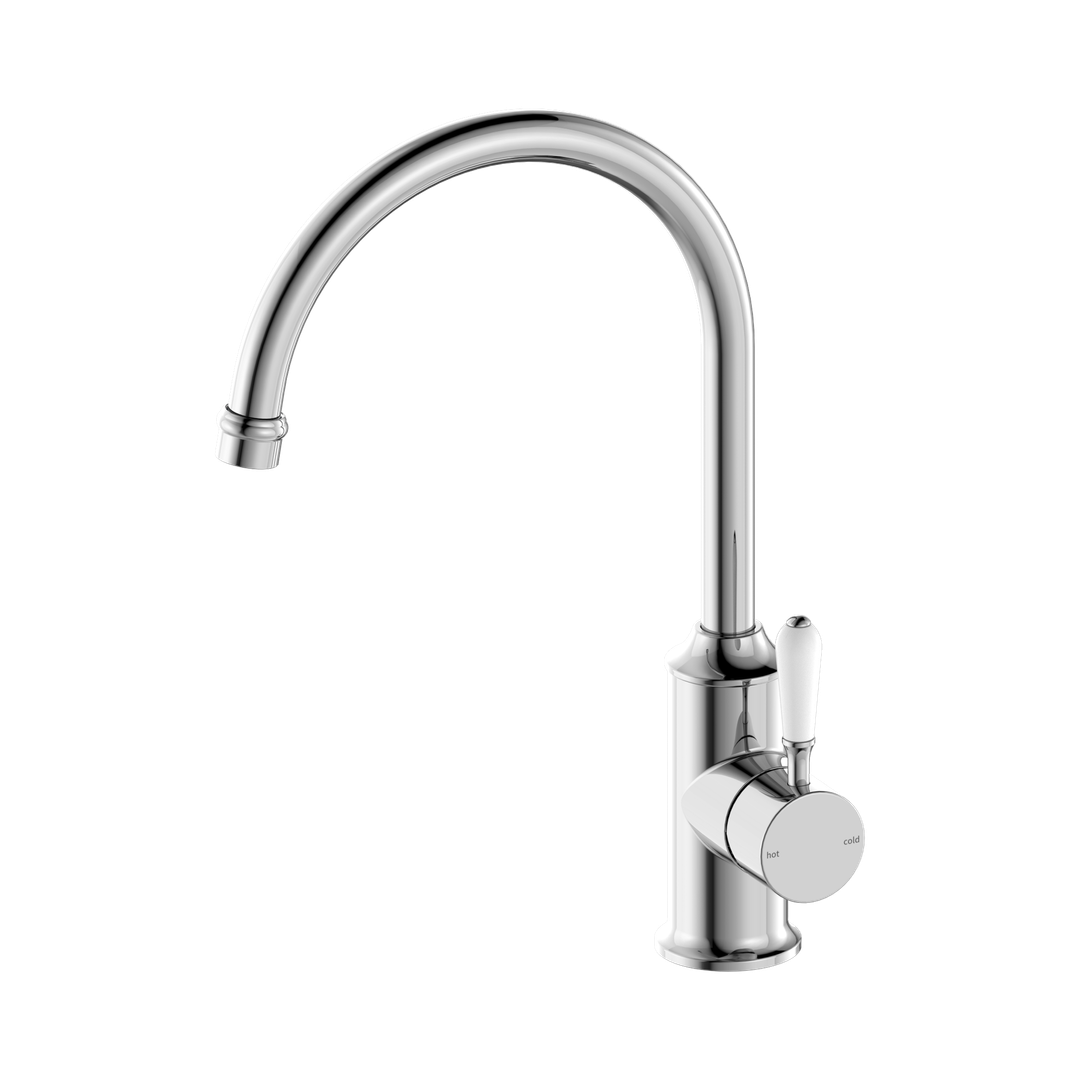 York Kitchen Nero Mixer Gooseneck Spout With - White Porcelain Lever - Chrome