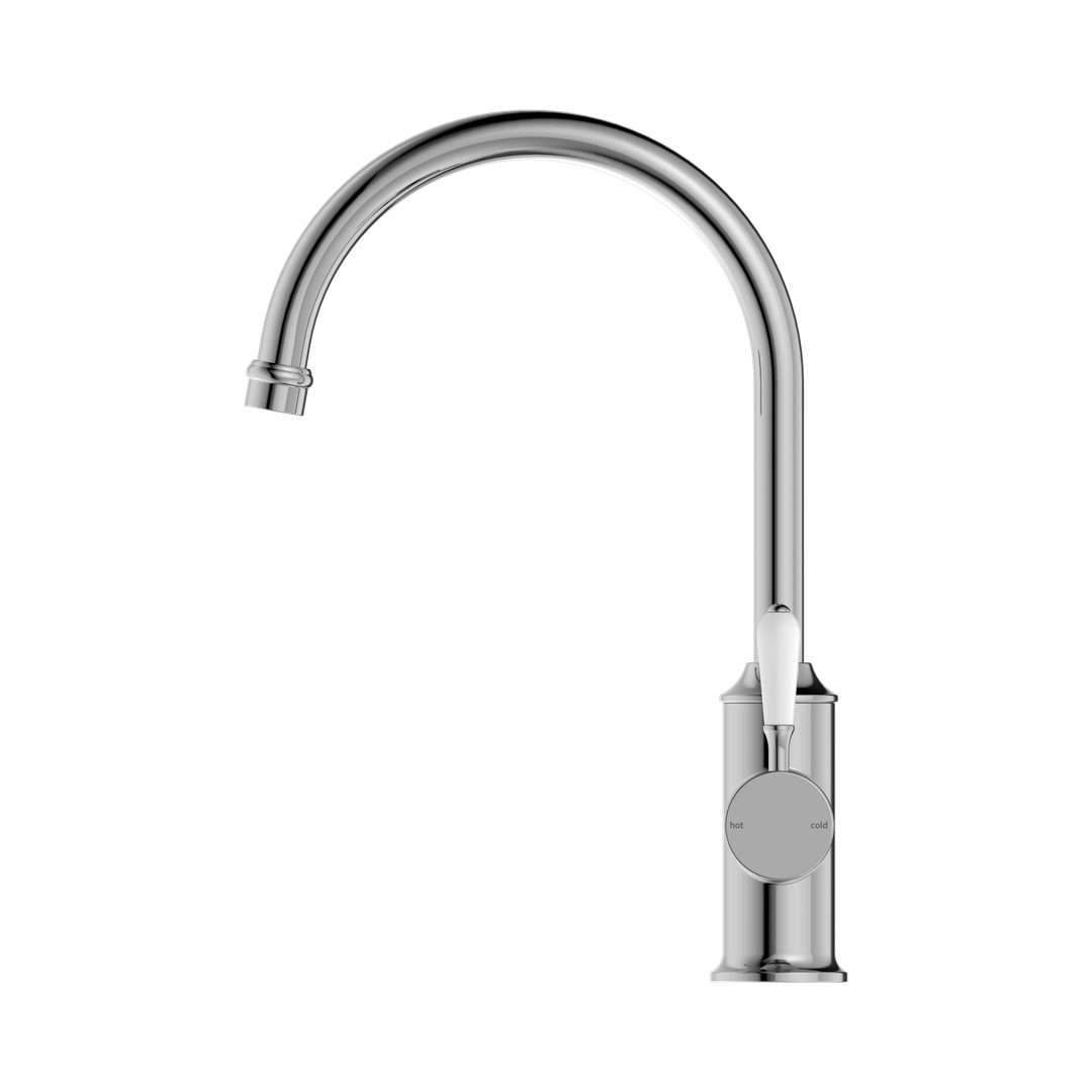 York Kitchen Nero Mixer Gooseneck Spout With - White Porcelain Lever - Chrome
