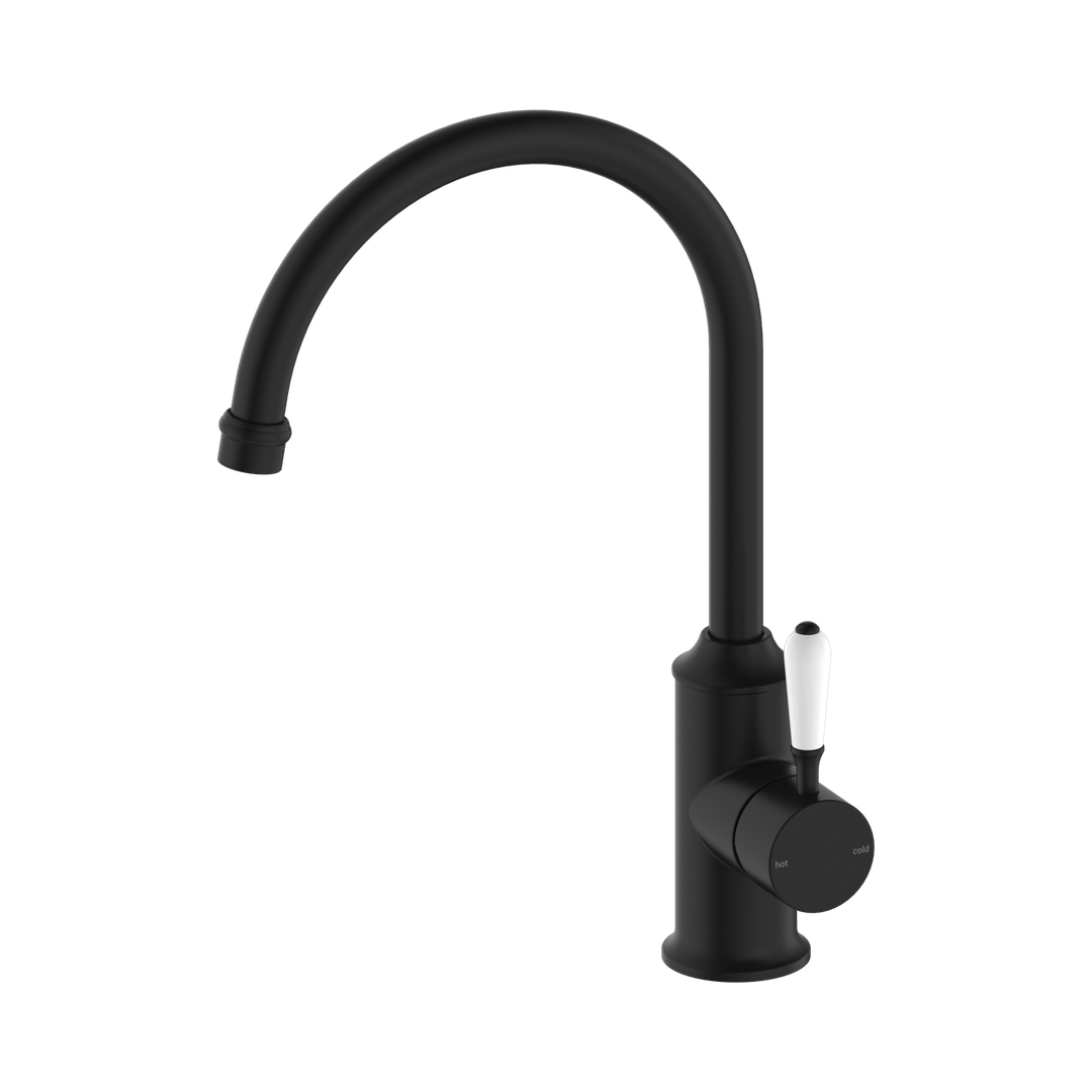 York Kitchen Nero Mixer Gooseneck Spout With White Porcelain Lever - Matte Black