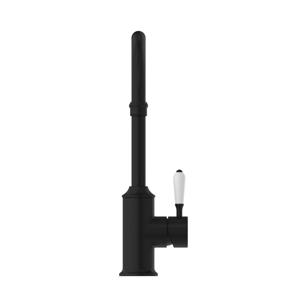 York Kitchen Nero Mixer Gooseneck Spout With White Porcelain Lever - Matte Black