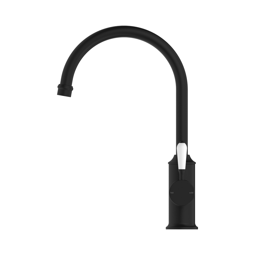 York Kitchen Nero Mixer Gooseneck Spout With White Porcelain Lever - Matte Black