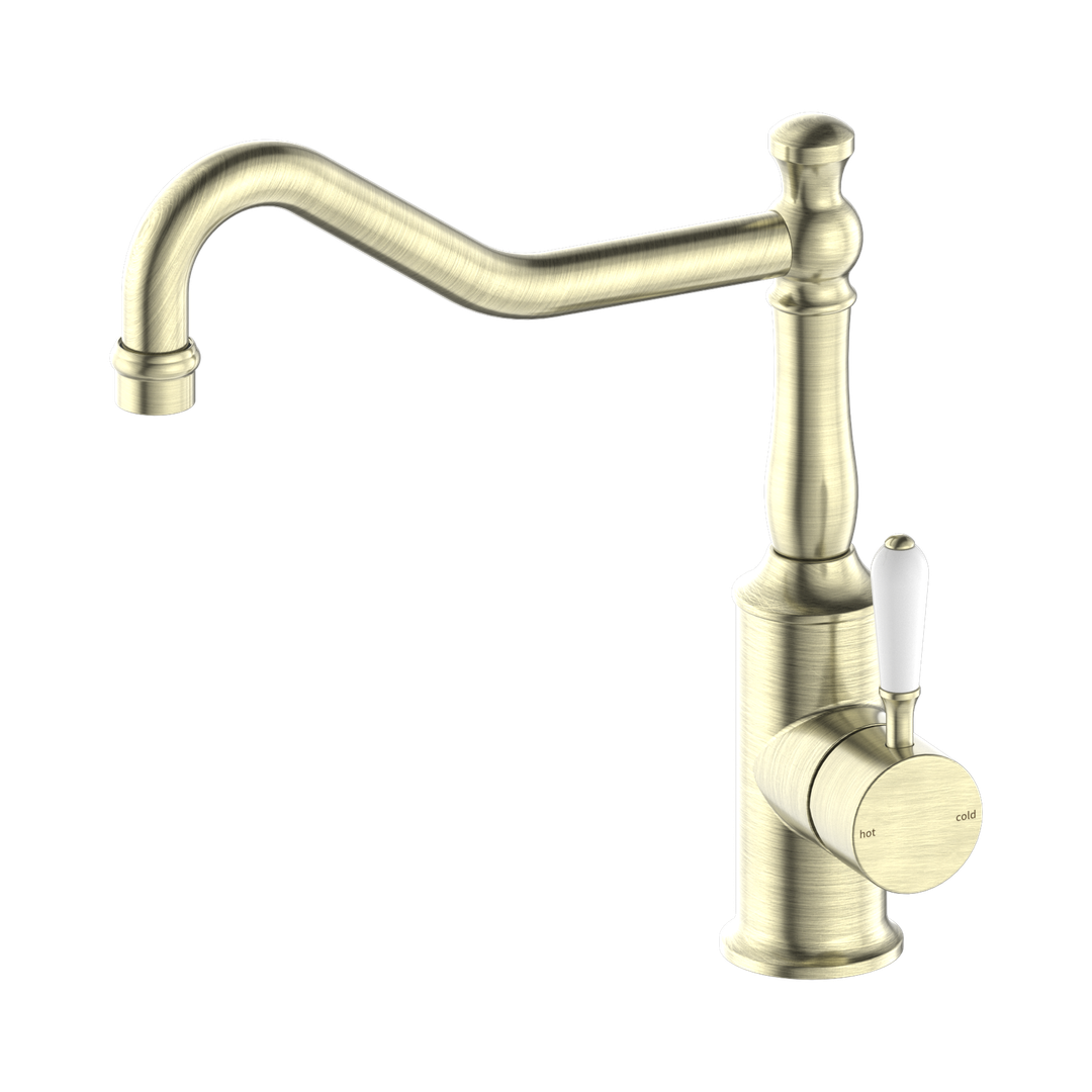 Nero York Kitchen Mixer Hook Spout With White Porcelain Lever - Aged Brass