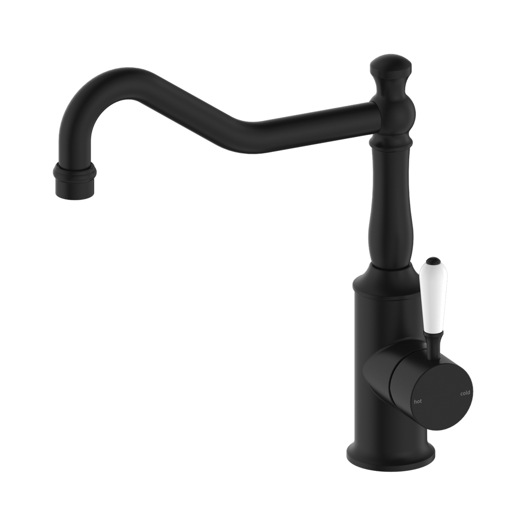 Nero York Kitchen Mixer Hook Spout With White Porcelain Lever - Matte Black