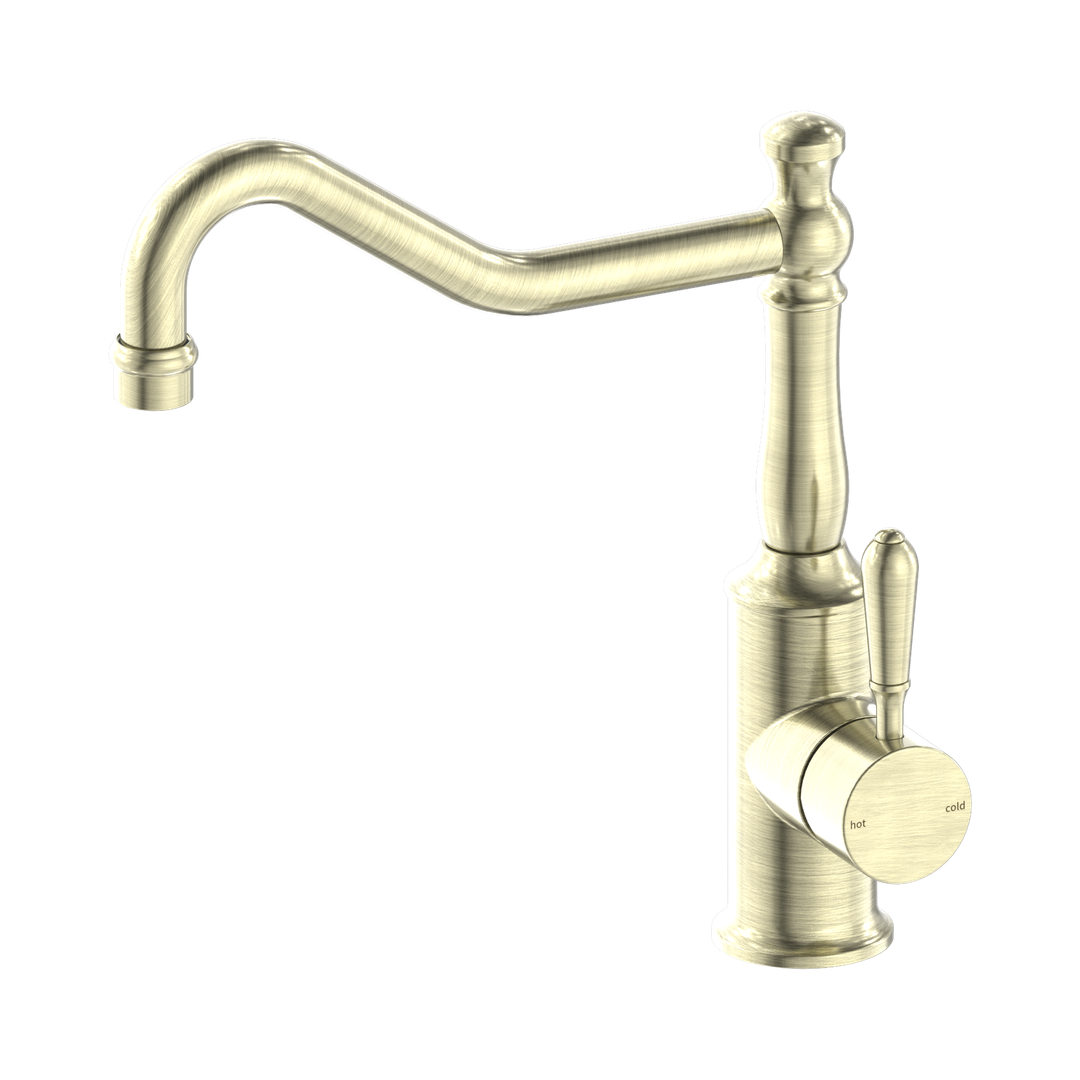 Nero York Kitchen Mixer Hook Spout With Metal Lever - Aged Brass