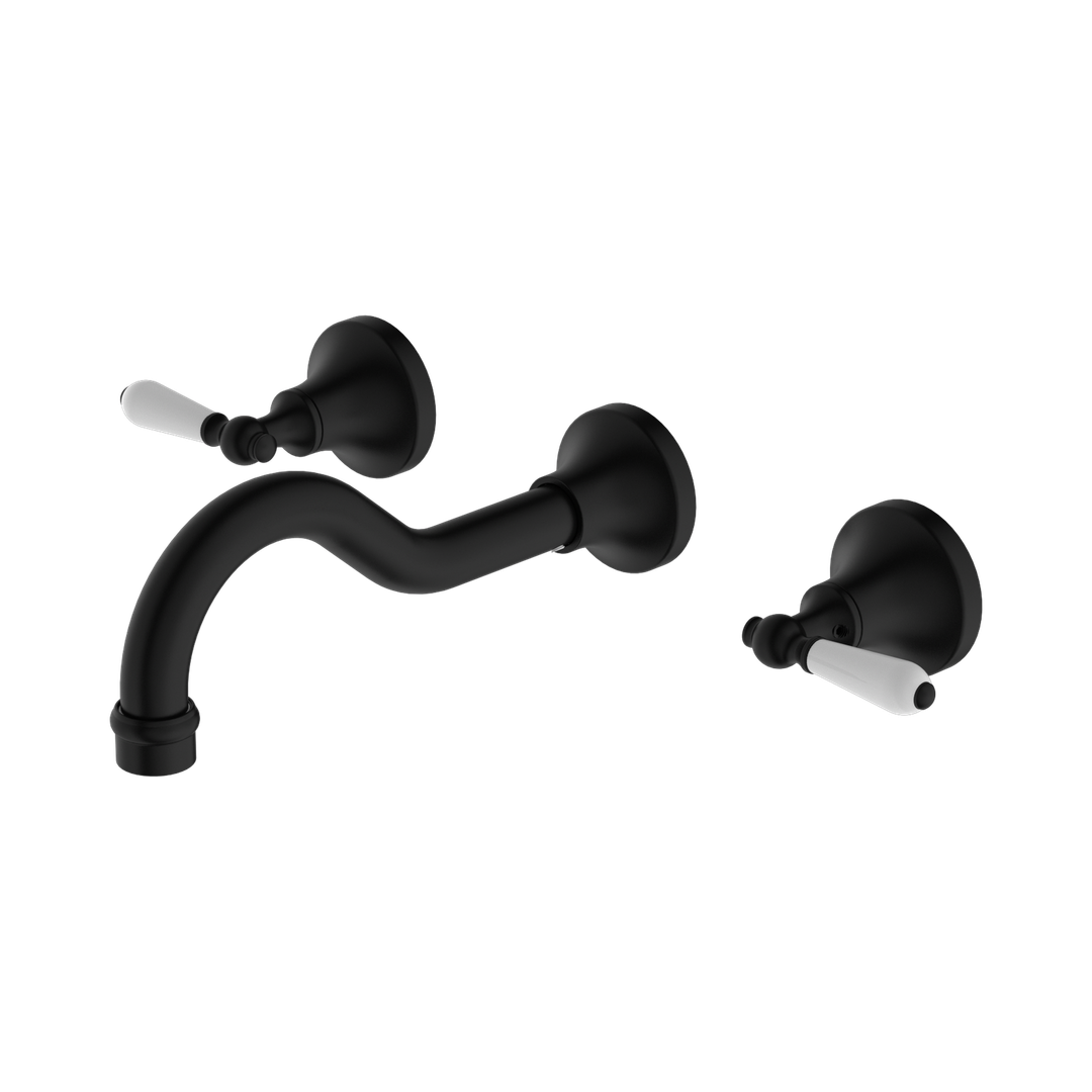Nero York Wall Basin Set With White Porcelain Lever - Matte Black