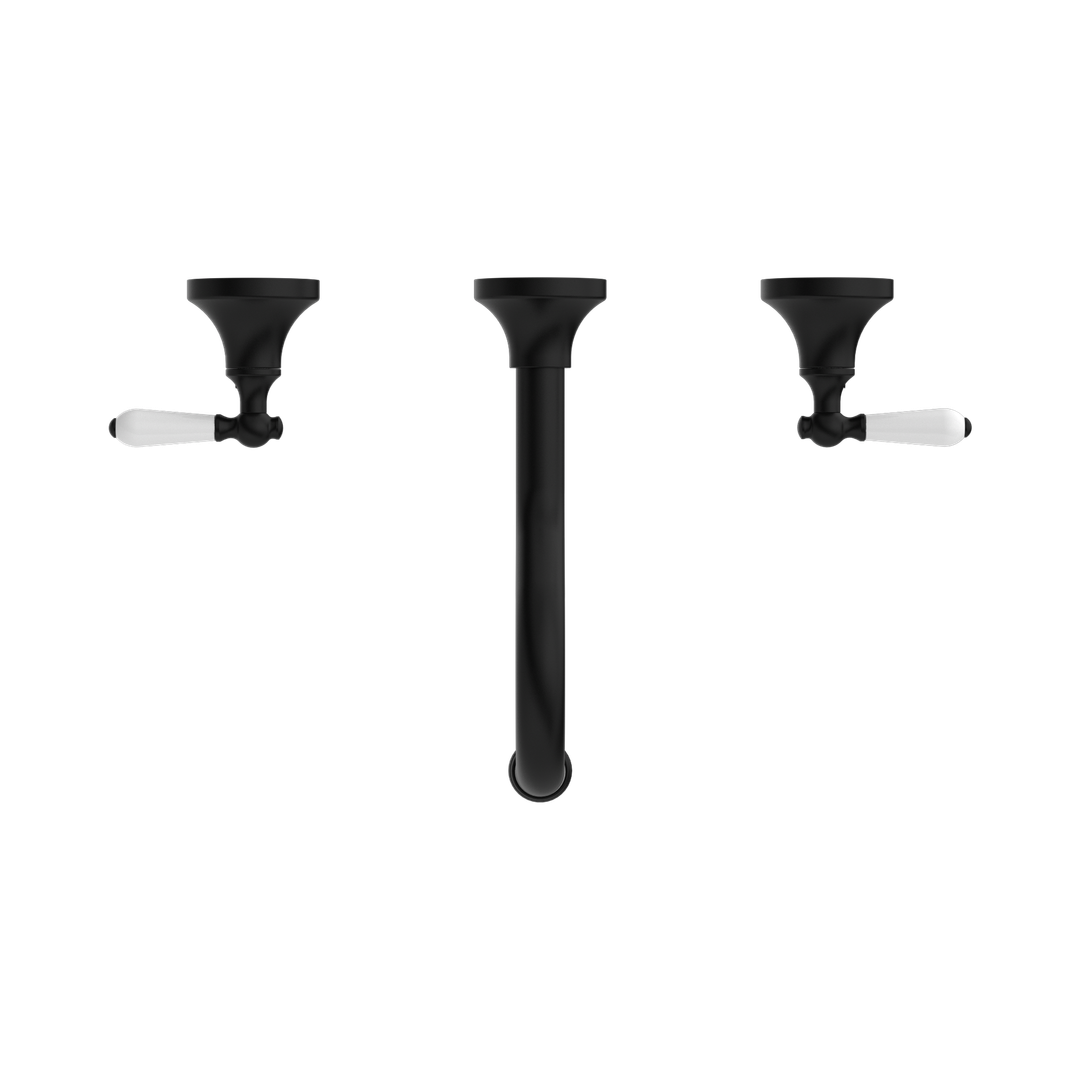 Nero York Wall Basin Set With White Porcelain Lever - Matte Black