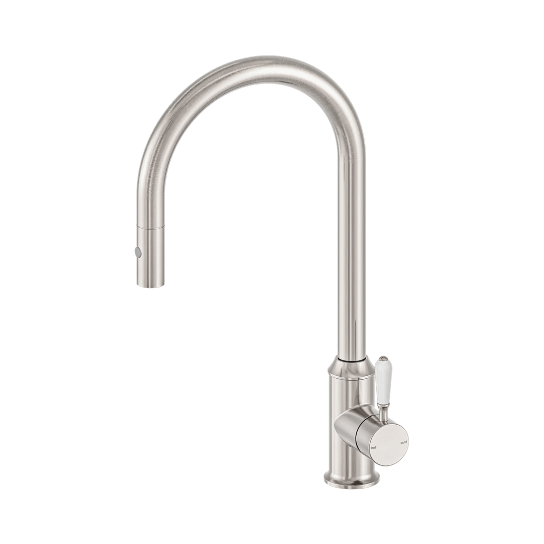 Nero York Pull Out Sink Mixer & Vegie Spray Function C/W White Porcelain Lever - Brushed Nickel