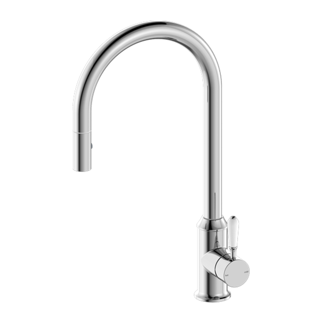 Nero York Pull Out Sink Mixer With Vegie Spray Function With White Porcelain Lever - Chrome