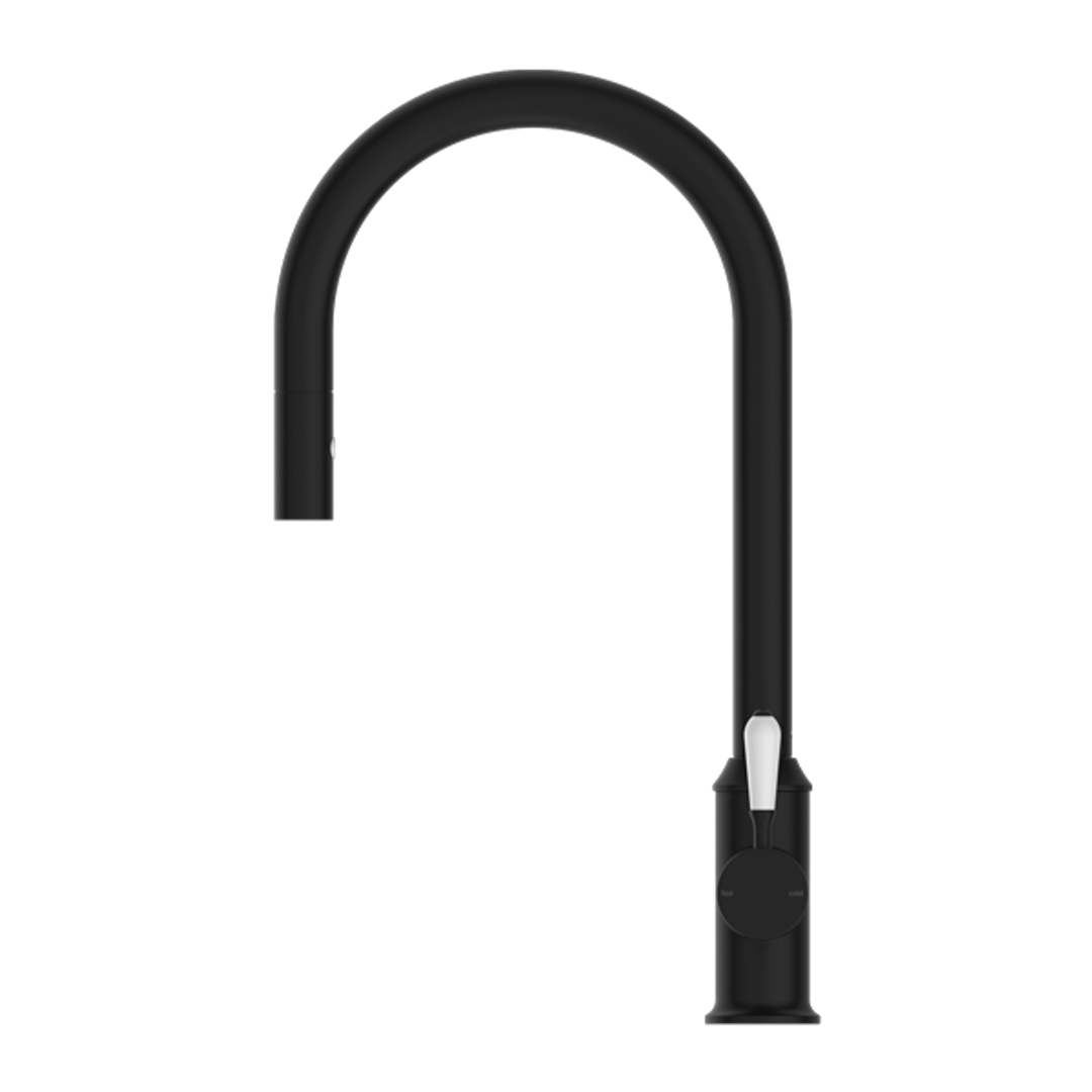 Nero York Pull Out Sink Mixer With Vegie Spray Function With White Porcelain Lever Matte