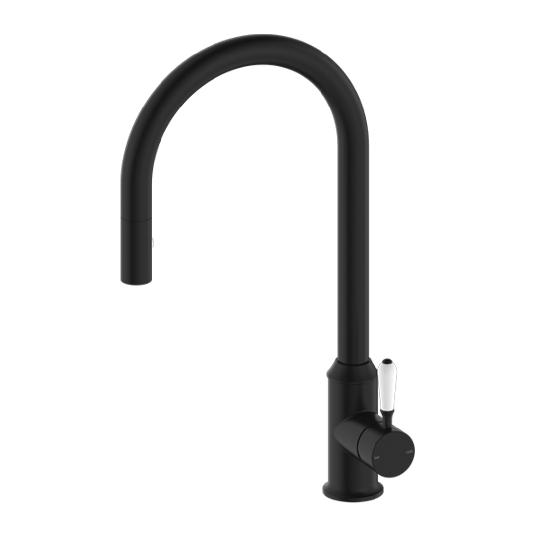 Nero York Pull Out Sink Mixer With Vegie Spray Function With White Porcelain Lever Matte