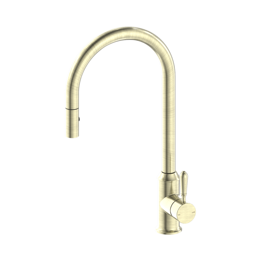 York Pull Out Sink Nero Mixer With Vegie Spray Function With Metal Lever - Aged Brass