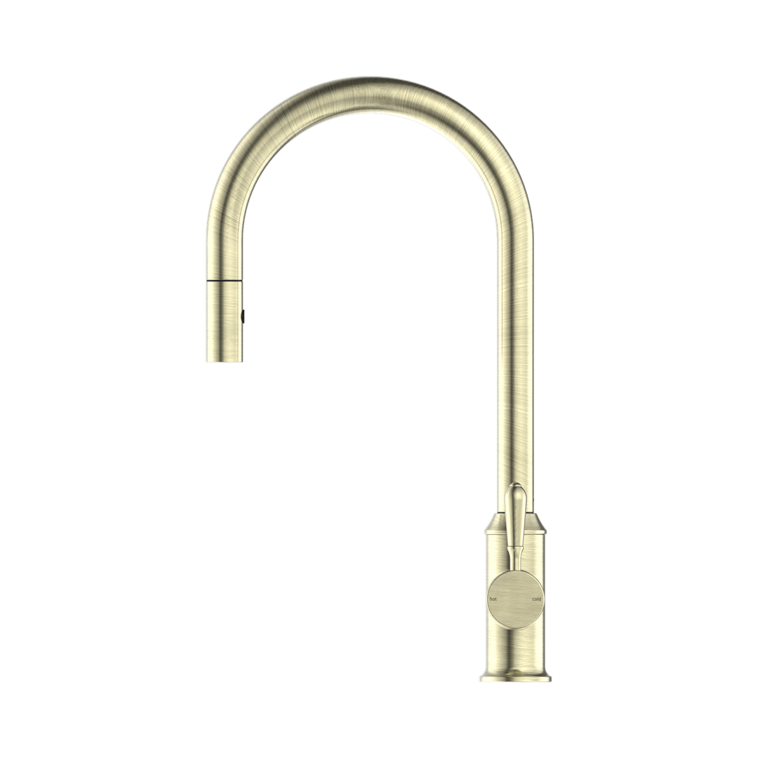 York Pull Out Sink Nero Mixer With Vegie Spray Function With Metal Lever - Aged Brass