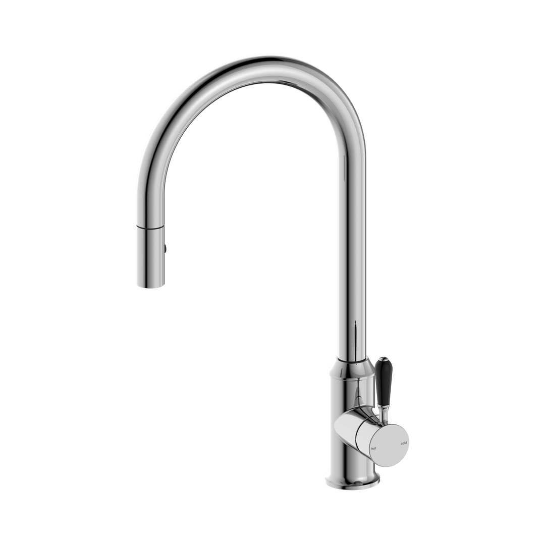 Nero York Pull Out Sink Mixer With Vegie Spray Function With Black Porcelain Lever - Chrome