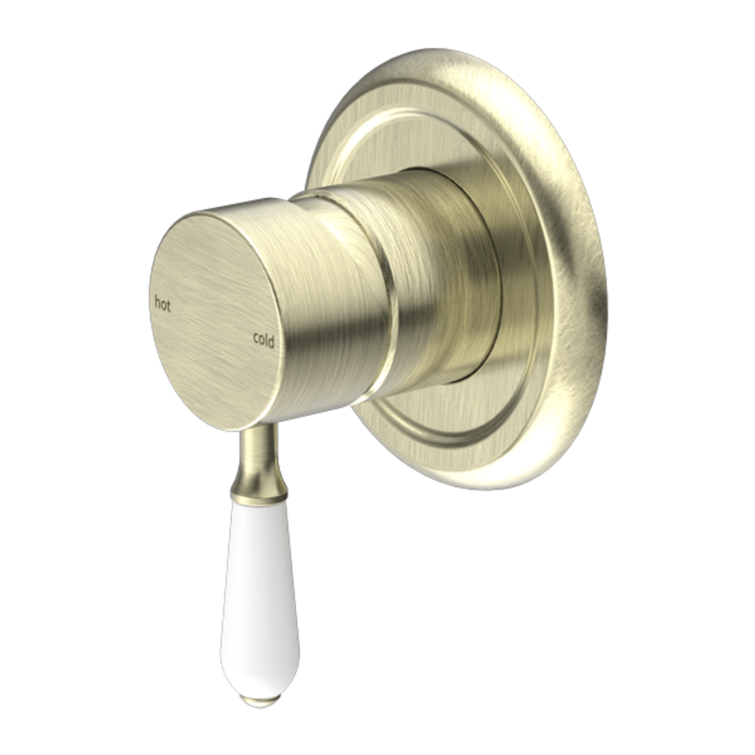 Nero York Shower Mixer With White Porcelain Lever - Aged Brass