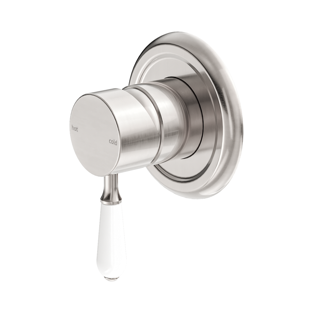 Nero York Shower Mixer With White Porcelain Lever - Brushed Nickel