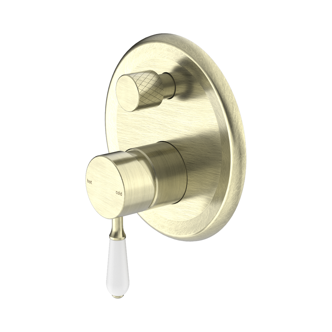 Nero York Shower Mixer With Diverter With White Porcelain Lever - Aged Brass