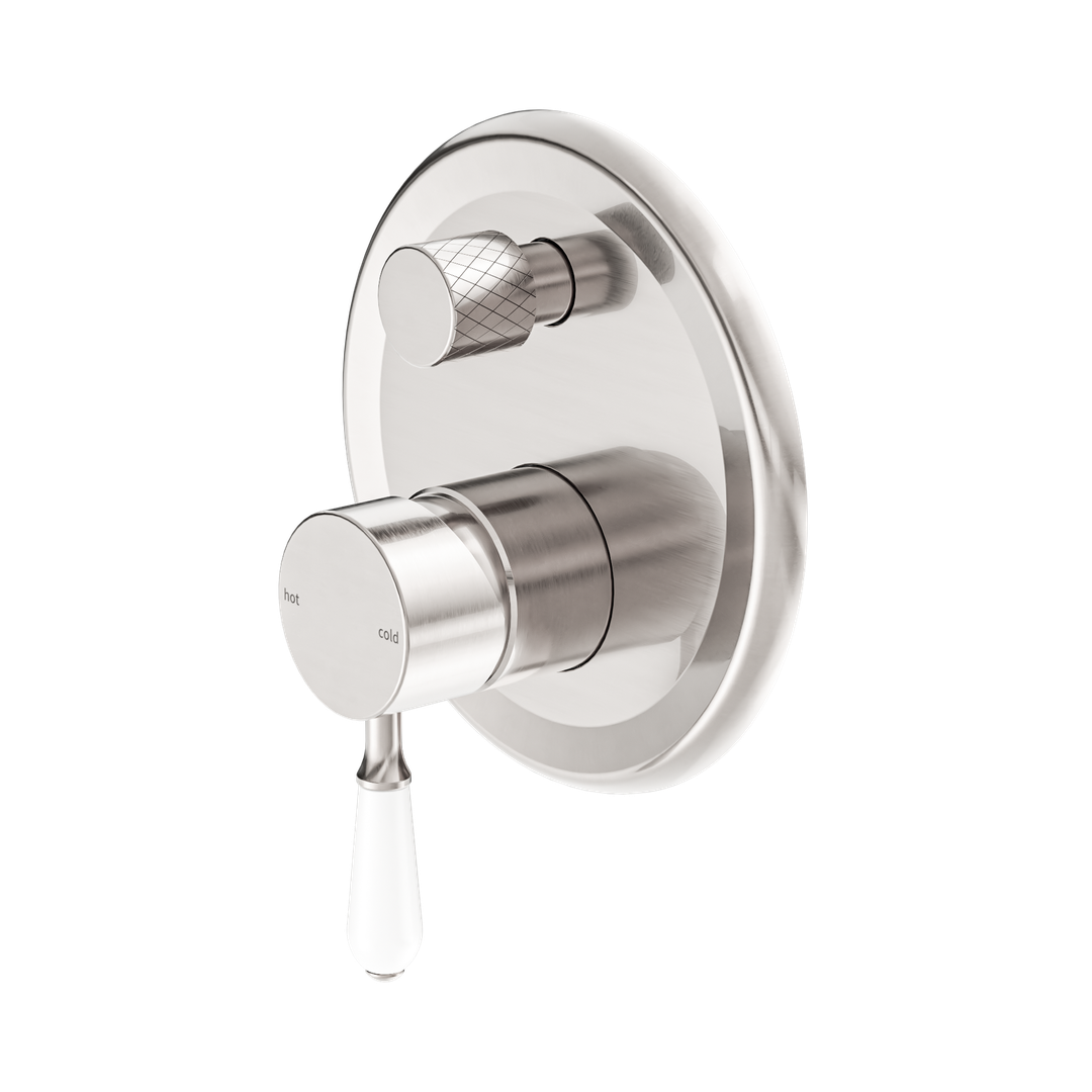Nero York Shower Mixer With Diverter With White Porcelain Lever - Brushed Nickel