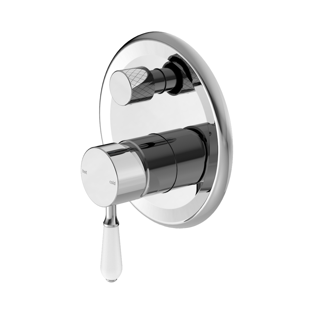 Nero York Shower Mixer With Diverter With White Porcelain Lever - Chrome