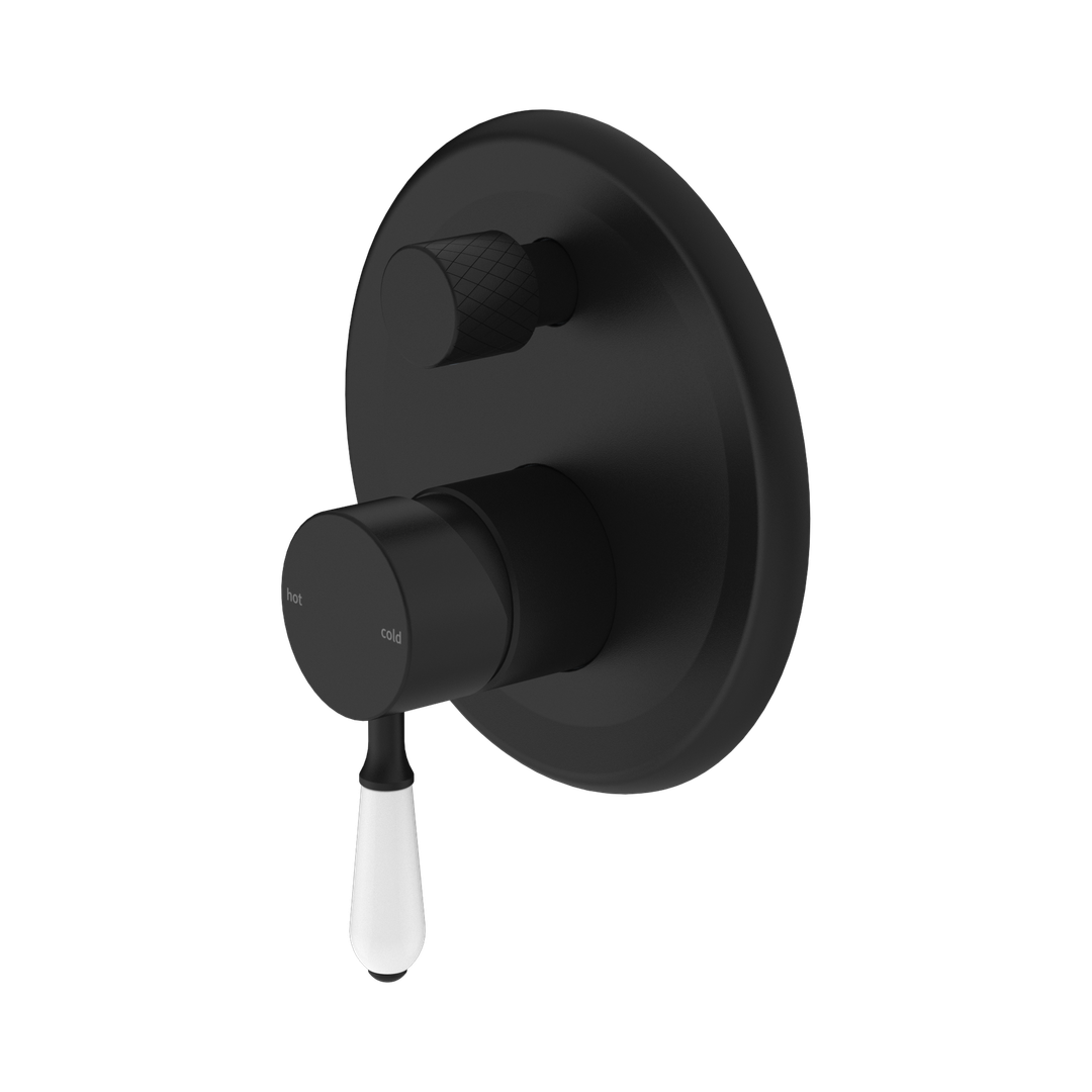 Nero York Shower Mixer With Diverter With White Porcelain Lever - Matte Black
