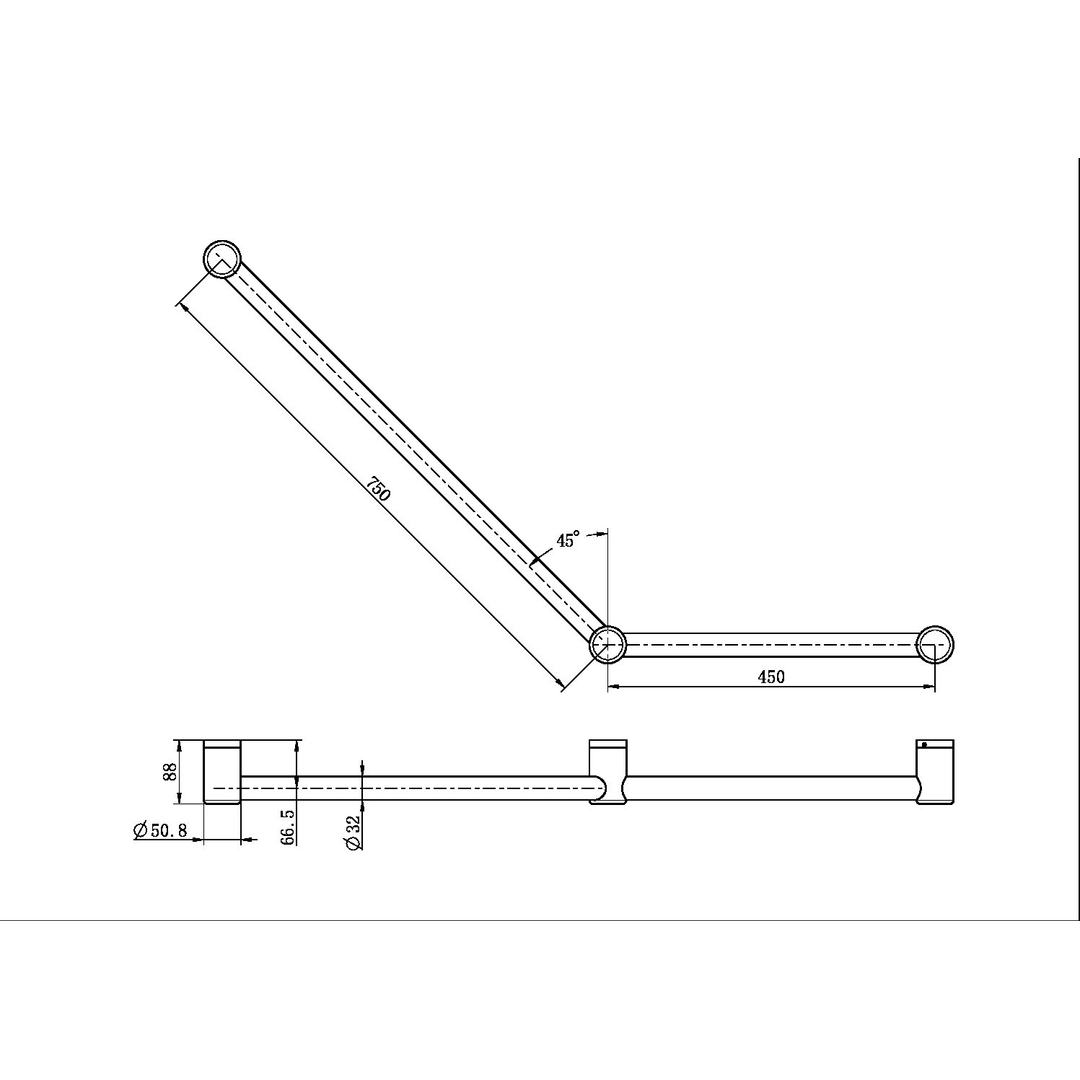 Nero Mecca Care 32mm Ambulant Toilet Grab Rail 45 Degree 750X450mm - Chrome