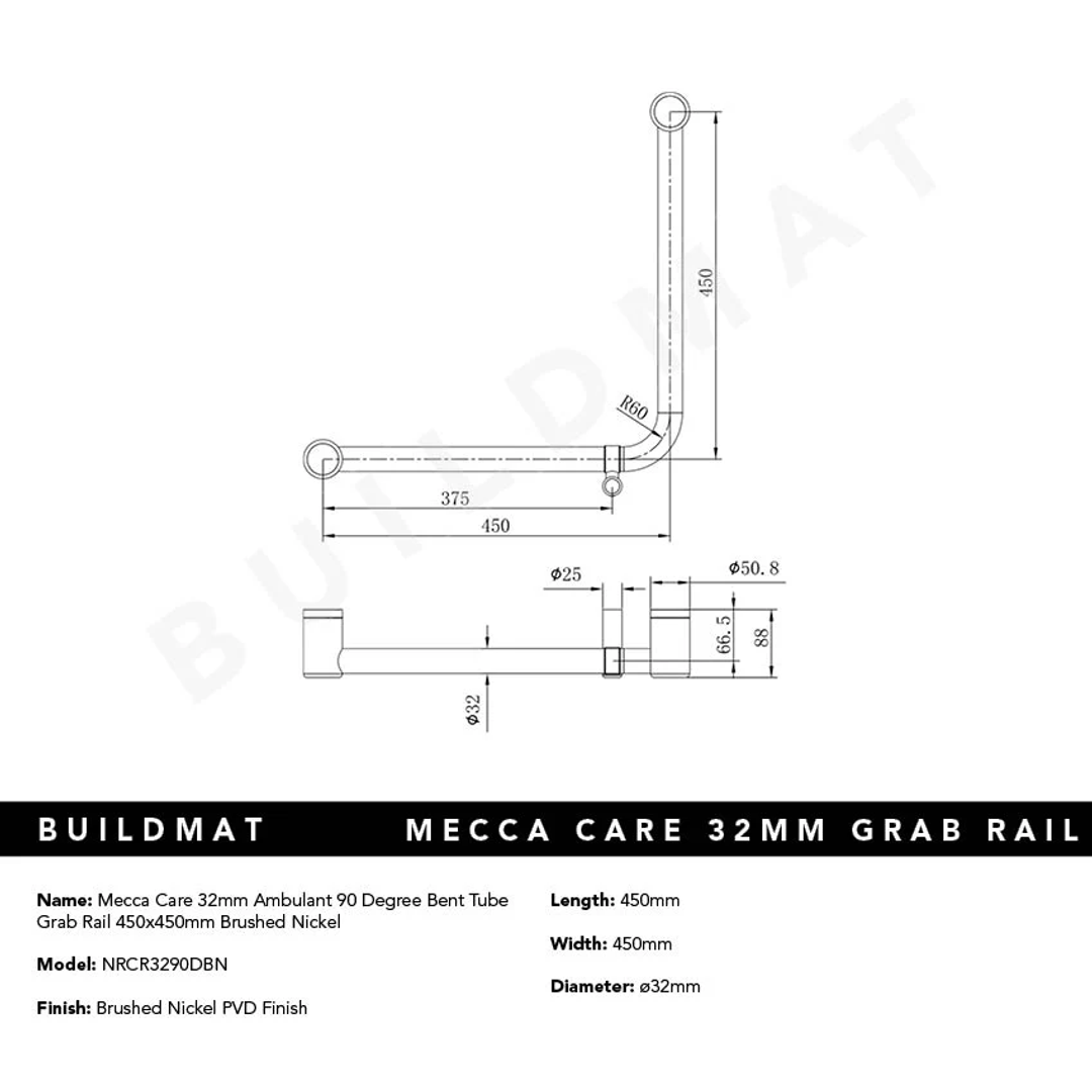 Nero Mecca Care 32mm Ambulant 90Degree Bent Tube Grab Rail 450X450mm - Brushed Nickel