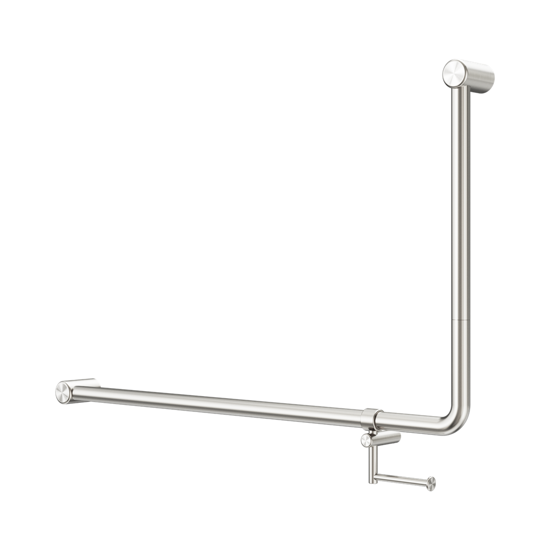 Nero Mecca Care 32mm Dda 90 Deg. Grab Rail 600mm C/W Toilet Roll Holder - Brushed Nickel