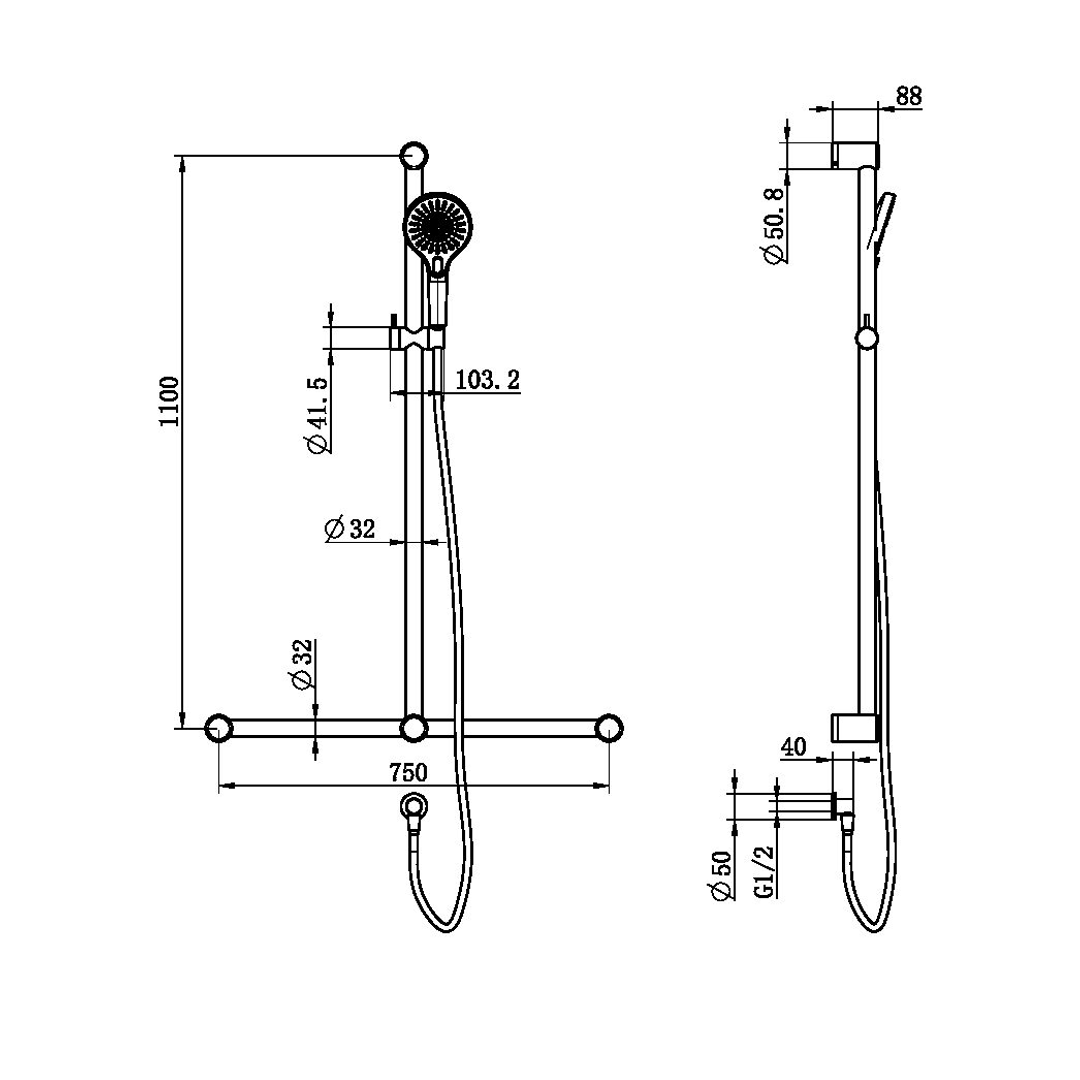 Nero Mecca Care 32Mm T Bar Grab Rail And Adjustable Shower Set 1100X750Mm - Chrome