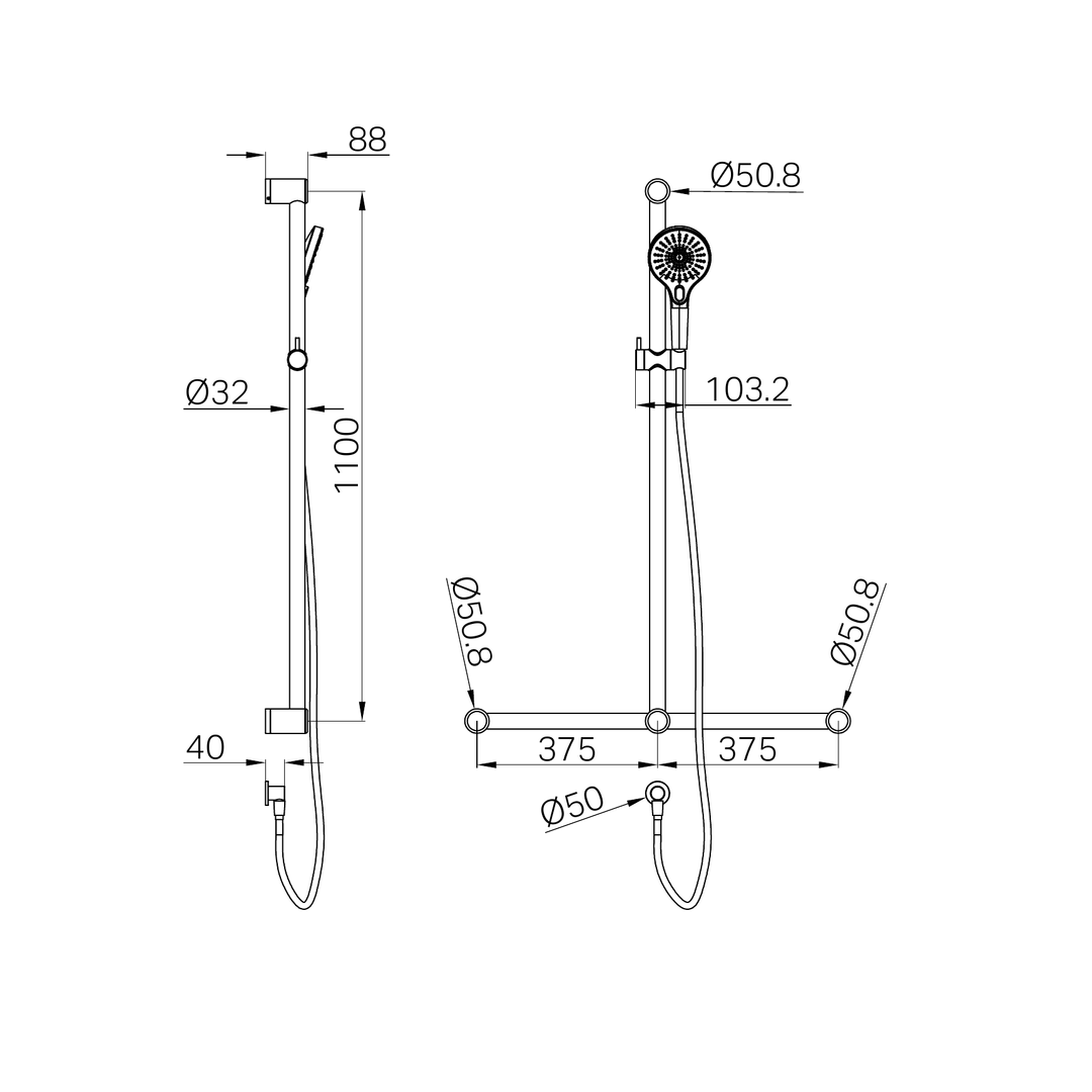 Nero Mecca Care 32Mm T Bar Grab Rail And Adjustable Shower Set 1100X750Mm - Chrome