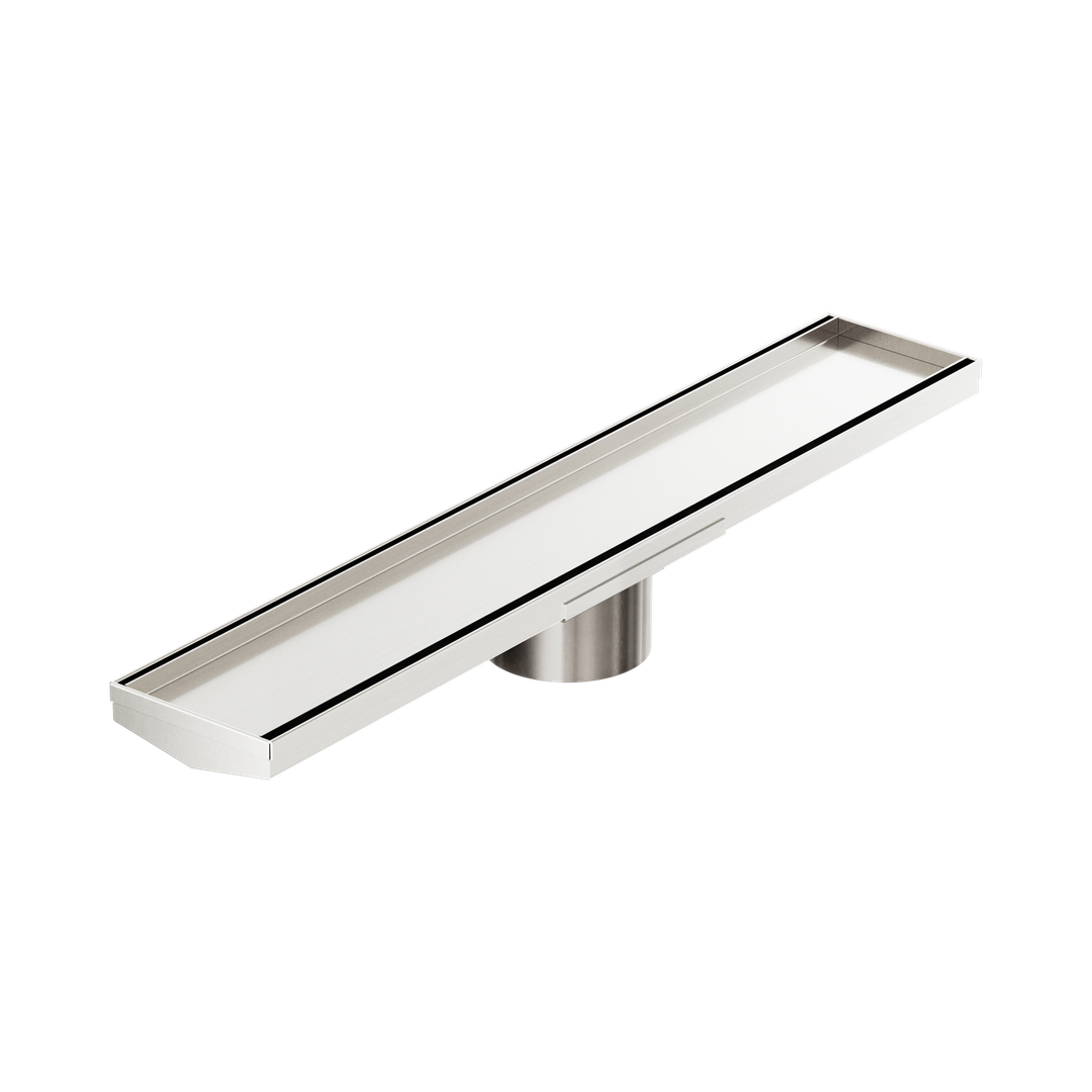 Nero Tile Insert V Channel 600X106Mm Floor Grate 90Mm Outlet - Brushed Nickel