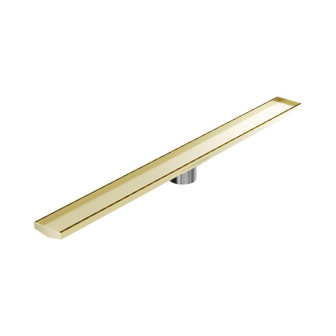 Nero Tile Insert V Channel 1200X106Mm Floor Grate 90Mm Outlet - Brushed Gold