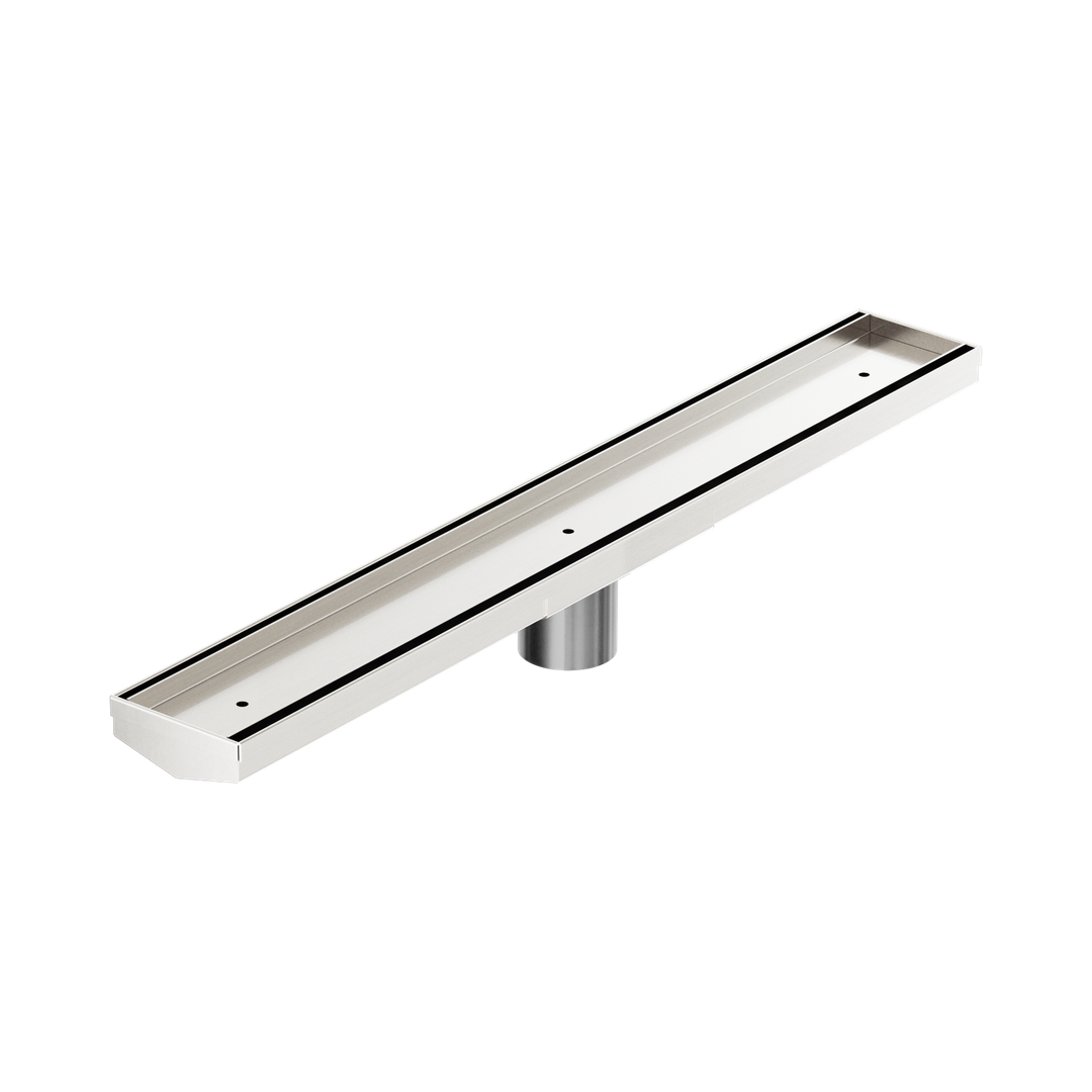 Nero Tile Insert V Channel 600X82Mm Floor Grate 50Mm Outlet - Brushed Nickel