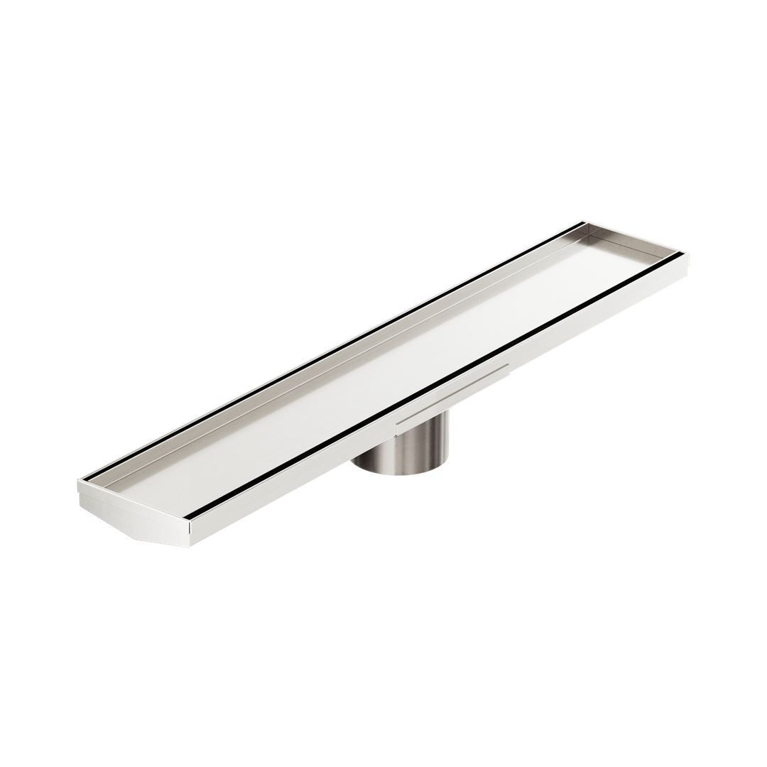 Nero Tile Insert V Channel 600X106Mm Floor Grate 80Mm Outlet - Brushed Nickel