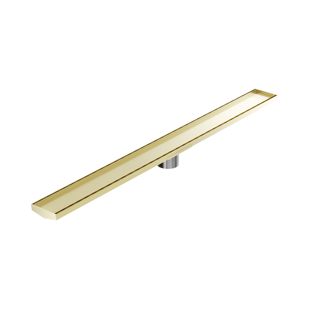 Nero Tile Insert V Channel 1200X106Mm Floor Grate 80Mm Outlet - Brushed Gold