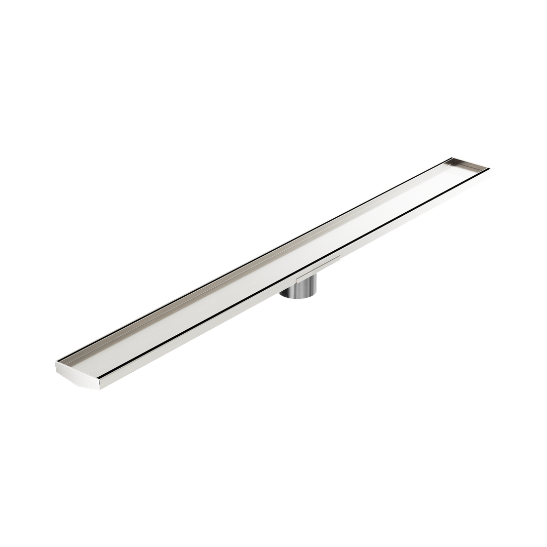 Nero Tile Insert V Channel 1200X106Mm Floor Grate 80Mm Outlet - Brushed Nickel