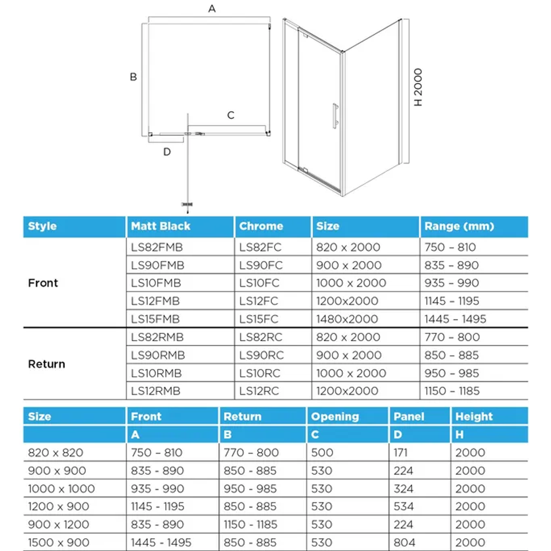 Oceano Louve Square Pivot Front Screen - 1000 X 2000 Chrome