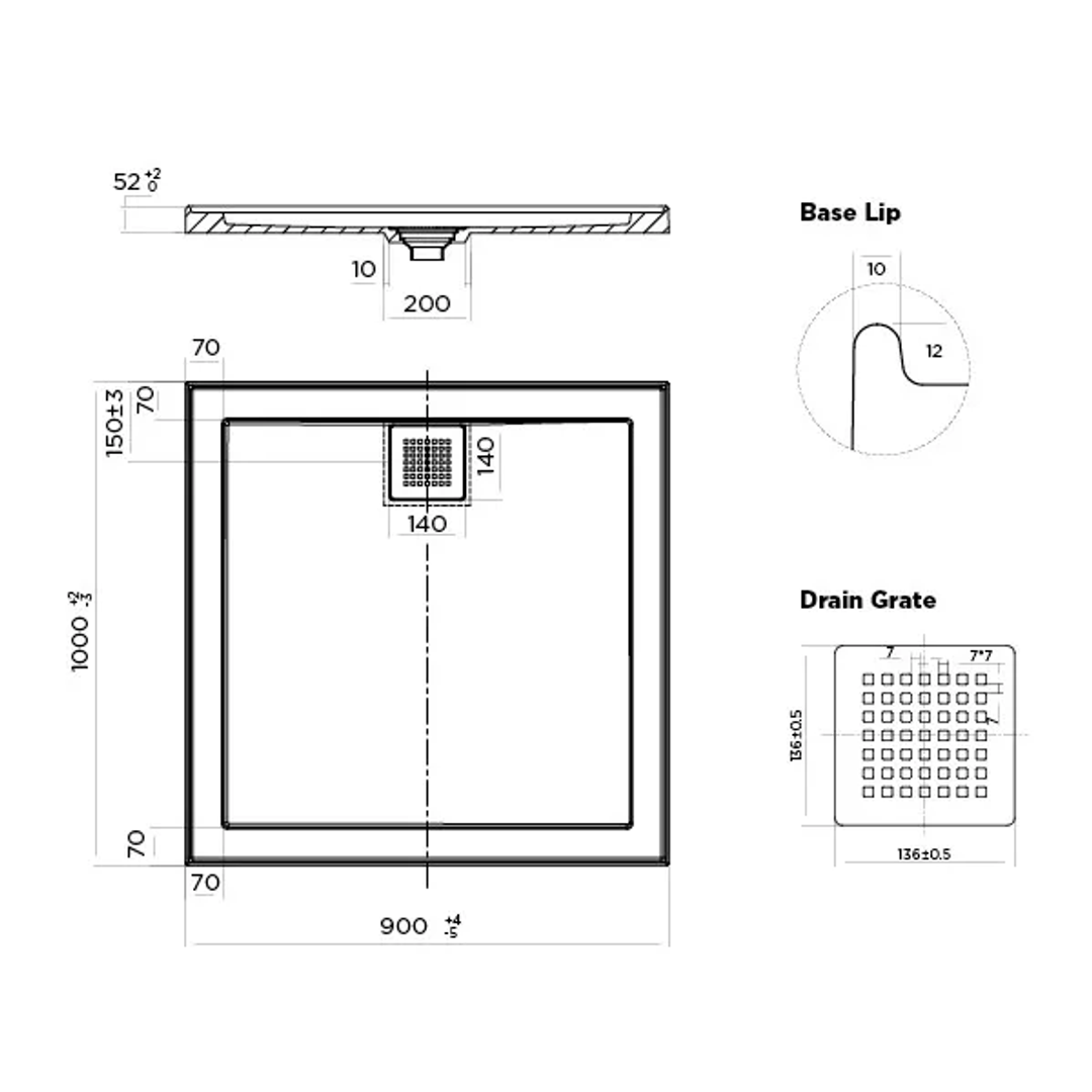 Oceano Stonelite Eco Shower Base Rear Outlet Chrome Waste - 900 x 1000mm