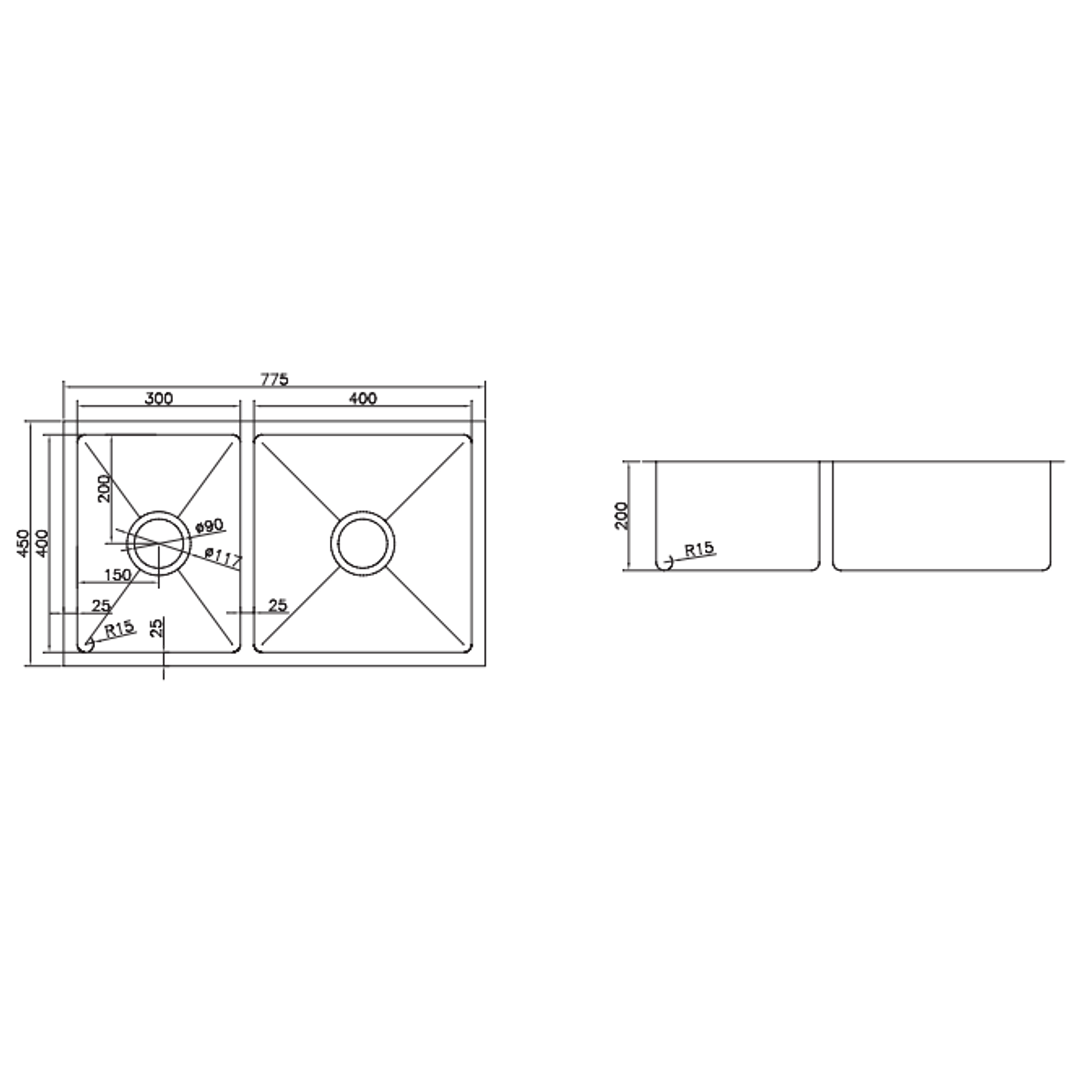 Uptown 1 & 3/4 Bowl Interchange Sink 775 X 450 X 200 - Radius Corner