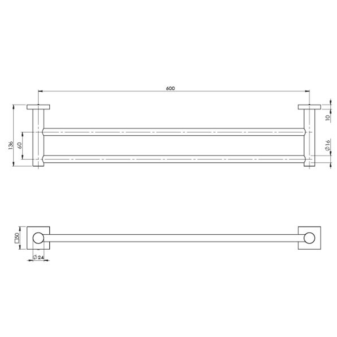 Phoenix Radii Double Towel Rail 600Mm Square Plate - Chrome