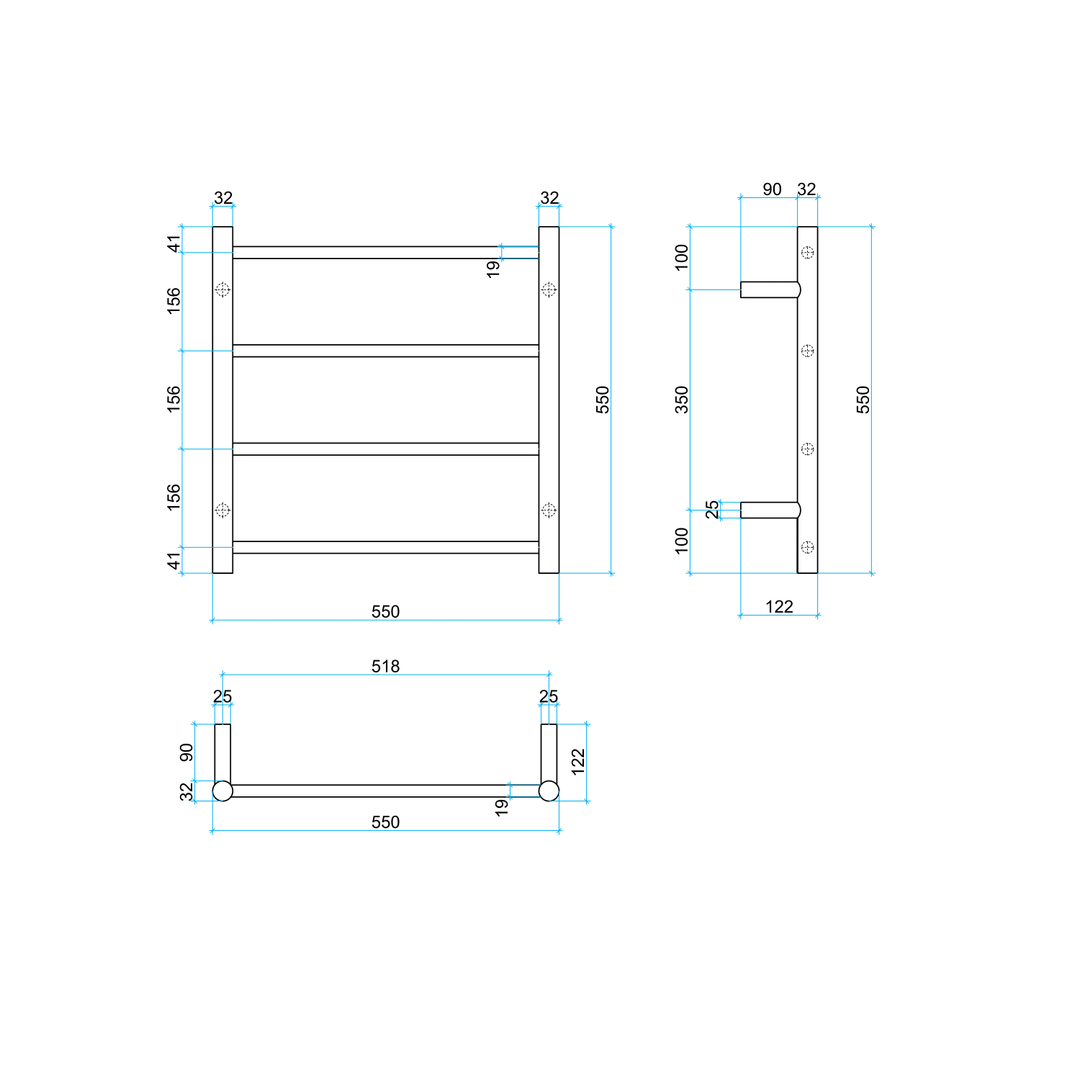 Thermorail Straight/Round 550X550X122mm 41Watts 4 Bars - Brushed Brass