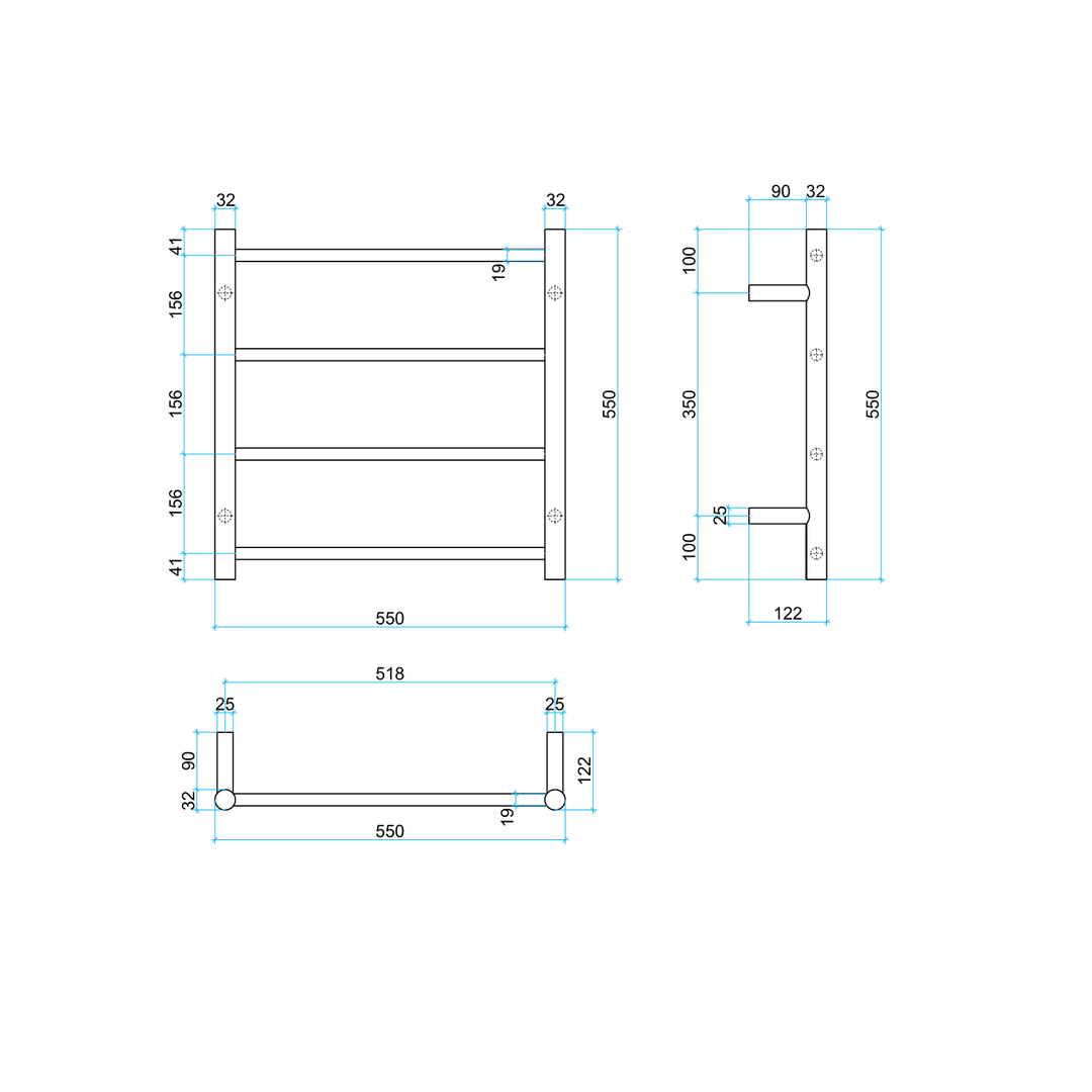 Thermorail STRAIGHT/ ROUND 550X550X122MM 57W 4 BAR BRUSHED S/STEEL