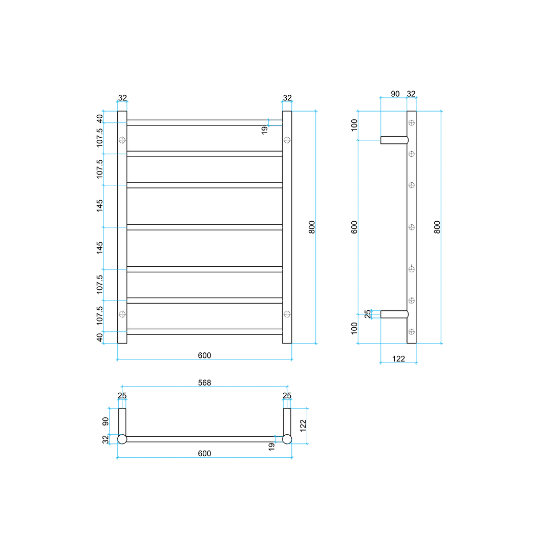 Thermorail STRAIGHT ROUND 600X800X122MM 120W 7 BARS MATTE BLACK