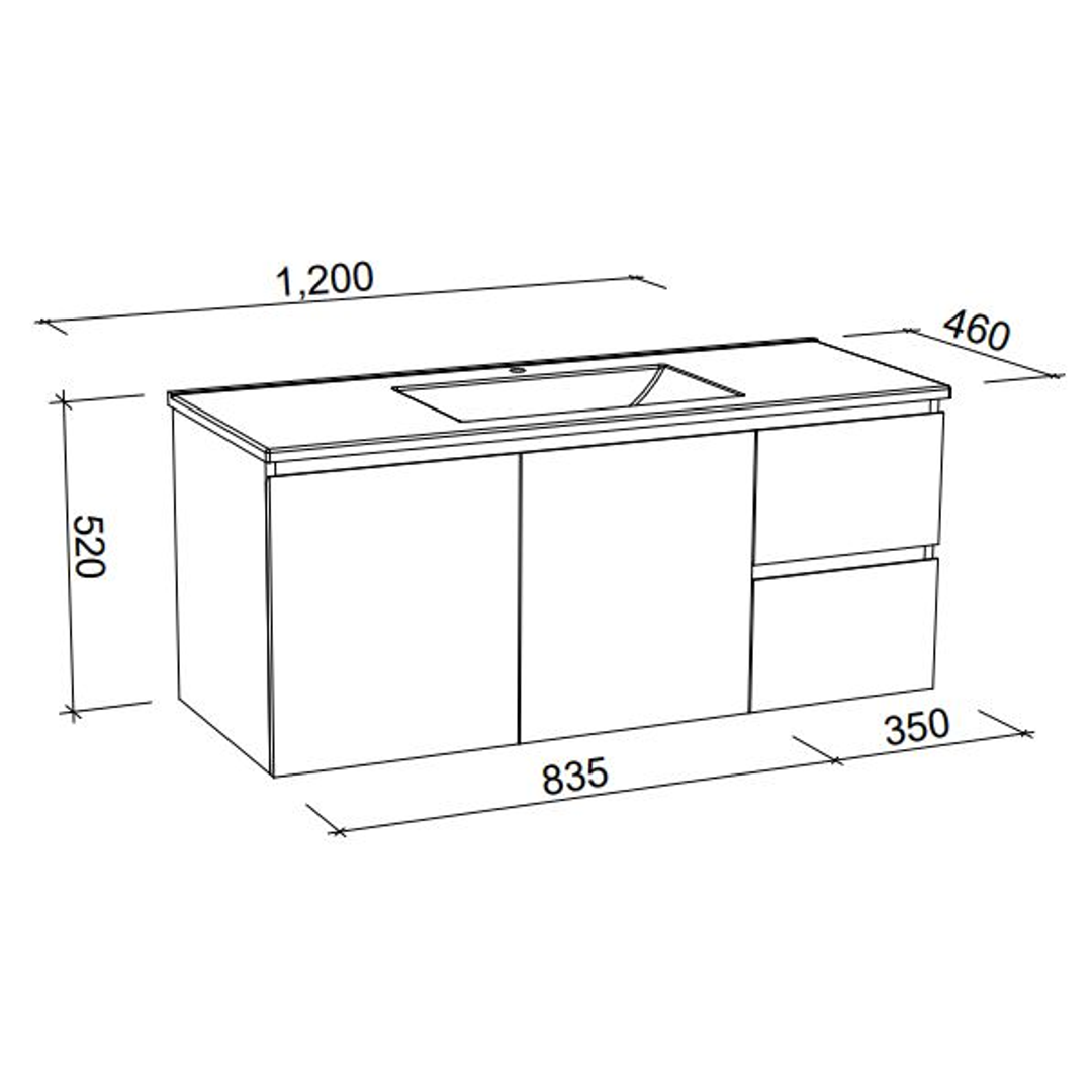 Timberline Nevada Wall Hung Vanity 1200mm Silksurface Top and Undercounter Basin