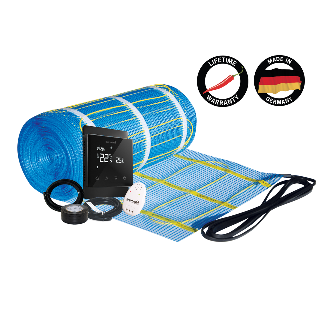 Thermonet EZ 200W/m² Self Adhesive 24x0.5m - 12.0m² 2400Watts Floor Heating Kit Including Black 5226A Thermostat